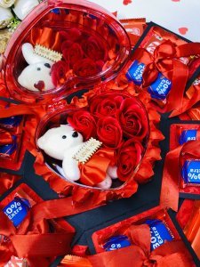 2 Layer Hexagonal Chocolate Explosion Gift Box For Couple Including 24 Chocolate and Red Heart Teddy box With red Rose